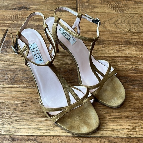 Isaac Mizrahi Gold Metallic Strappy Open Toe Heels Rhinestone Buckle Accent Sz 8 - Picture 9 of 13